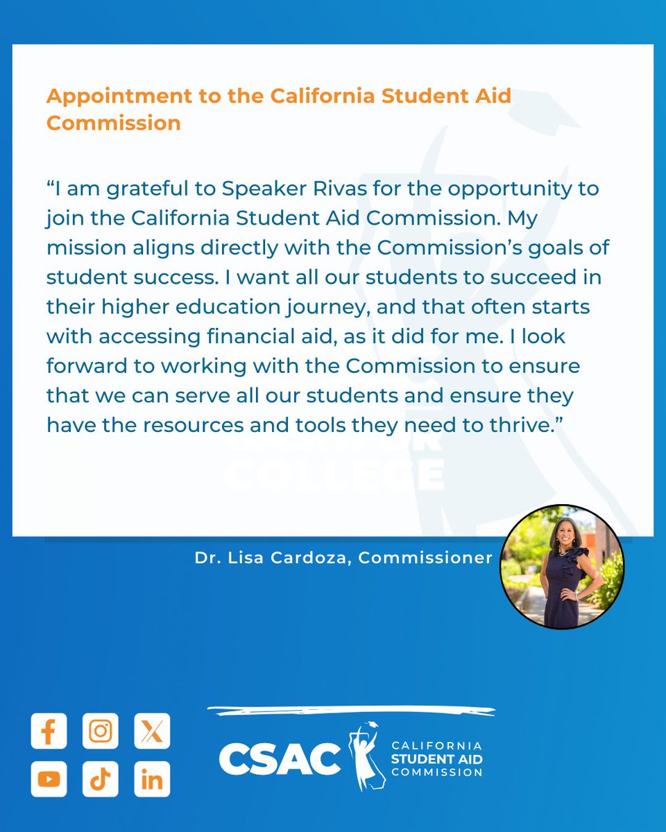 CA Student Aid Commission (@castudentaid) on Twitter photo ✨We are excited to announce the new appointment of Dr. Lisa Cardoza to the California Student Aid Commission! 🎓<a href="/LosRiosColleges/">Los Rios Colleges</a> <a href="/CASpeakerRivas/">Speaker Robert Rivas</a>
Read more here: csac.ca.gov/sites/default/… ✨We are excited to announce the new appointment of Dr. Lisa Cardoza to the California Student Aid Commission! 🎓<a href="/LosRiosColleges/">Los Rios Colleges</a> <a href="/CASpeakerRivas/">Speaker Robert Rivas</a>
Read more here: csac.ca.gov/sites/default/…