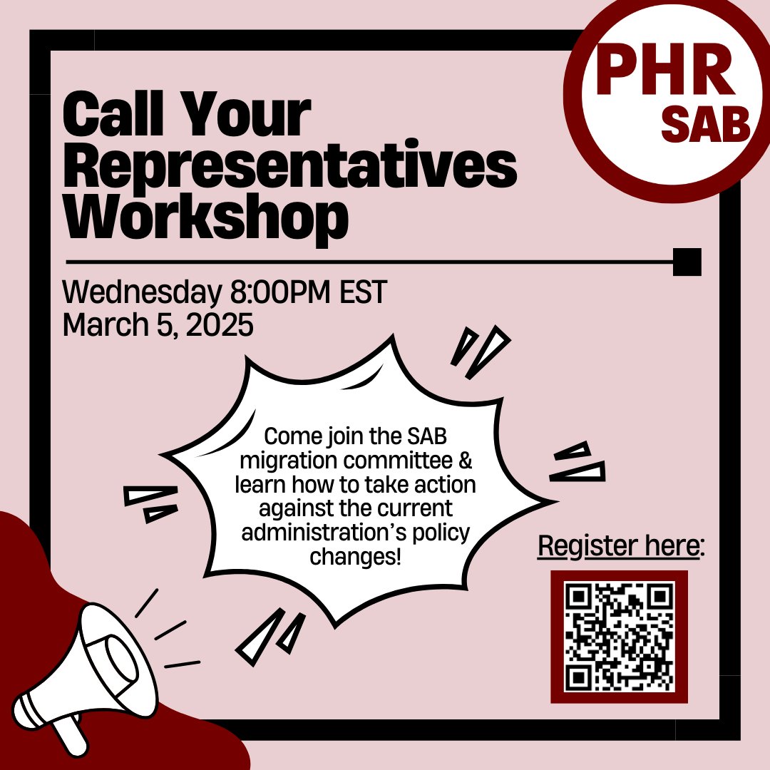 Please join the PHR SAB Migration Committee this Wednesday, March 5th to explore ways to take action against the current administration’s proposed policy changes. Register using the QR code or via the link in our bio!