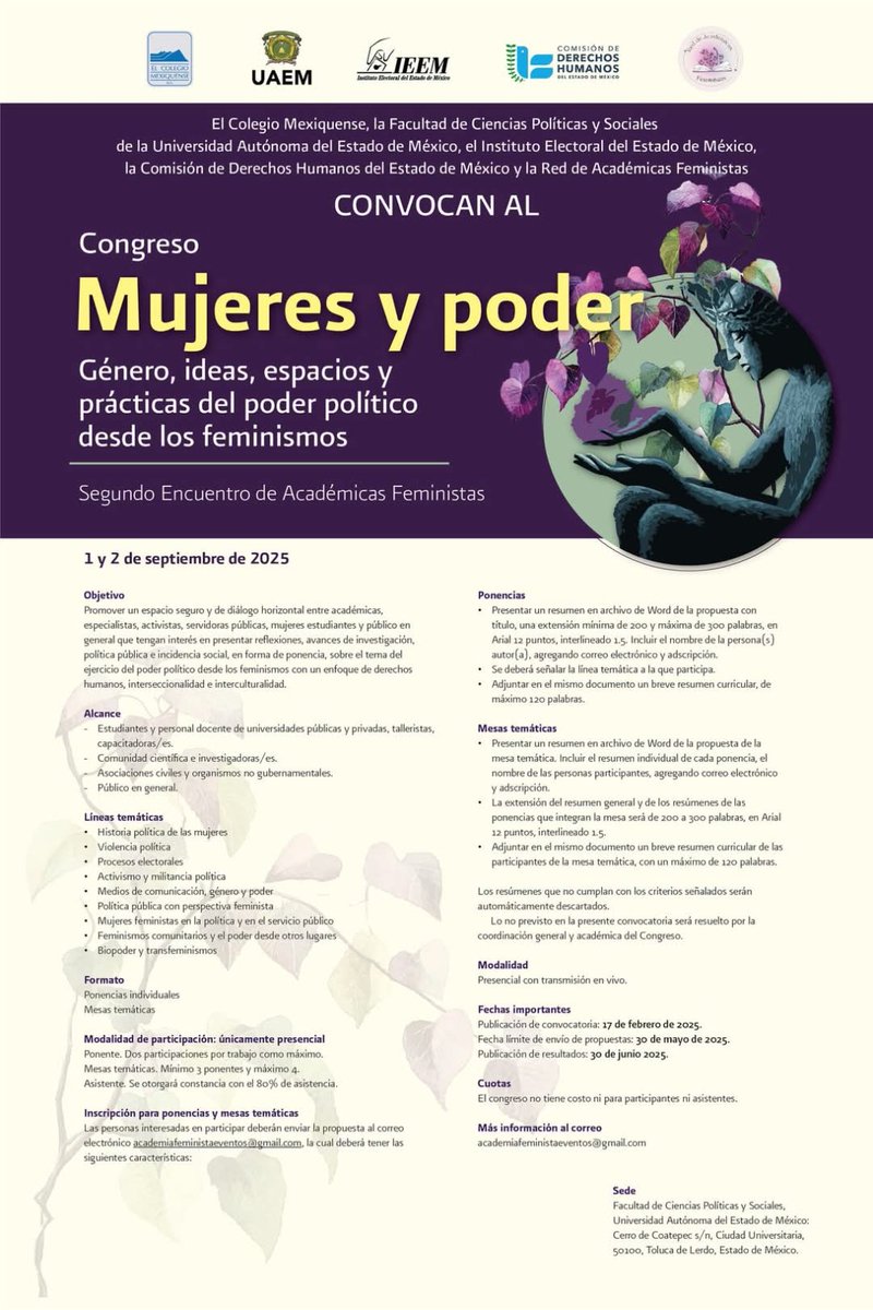 IEEM (@ieem_mx) on Twitter photo ¡Te invitamos a participar!
Convocan la Red de Académicas Feministas, <a href="/IEEM_MX/">IEEM</a>, <a href="/col_mexiquense/">ElColegioMexiquense</a>, <a href="/FcypysUaemex/">FCPyS.UAEMex.Oficial</a> y <a href="/CODHEM/">Comisión de Derechos Humanos del Estado de México</a>.
Cierre de convocatoria: 30 de mayo 2025 ¡Te invitamos a participar!
Convocan la Red de Académicas Feministas, <a href="/IEEM_MX/">IEEM</a>, <a href="/col_mexiquense/">ElColegioMexiquense</a>, <a href="/FcypysUaemex/">FCPyS.UAEMex.Oficial</a> y <a href="/CODHEM/">Comisión de Derechos Humanos del Estado de México</a>.
Cierre de convocatoria: 30 de mayo 2025