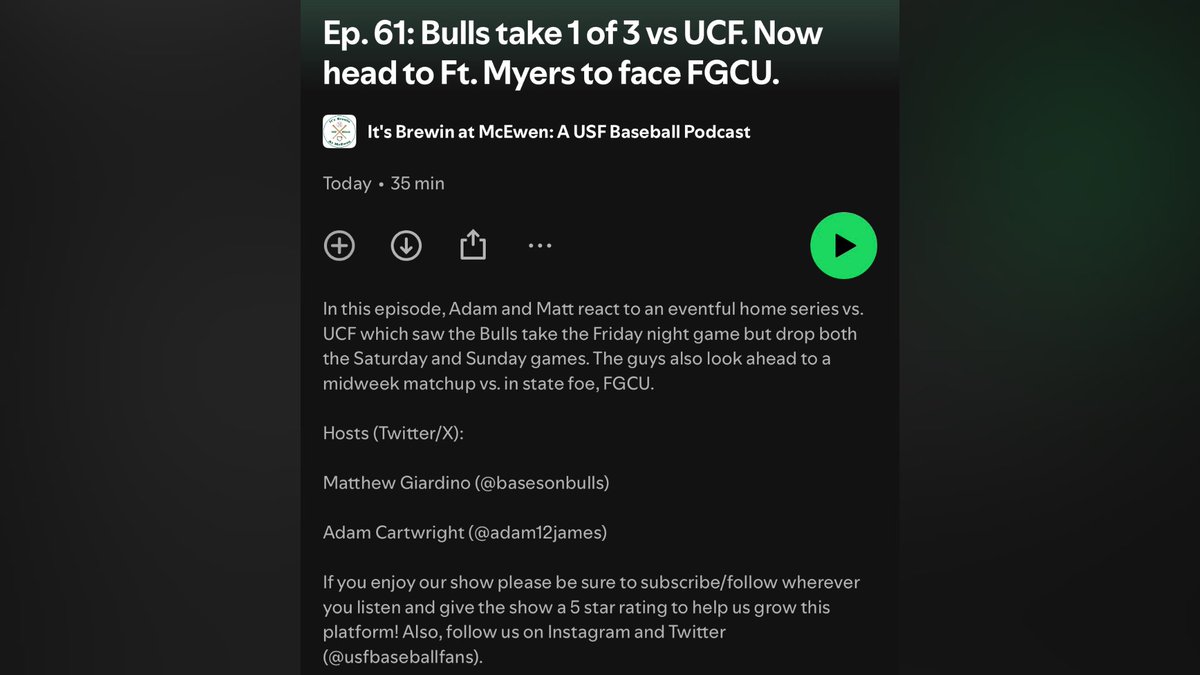 USFBaseballFans's tweet photo. Ep. 61: Hear @BasesOnBulls and @Adam12James give their recap of the War on I4 and FGCU preview.
The Bulls @USFBaseball (6-5) are on the road tomorrow before heading back home for a 3 game series vs. Villanova! #PackTheRed
Listen on Spotify: https://t.co/aaWtB1jKBJ https://t.co/0Is7dDCOn3