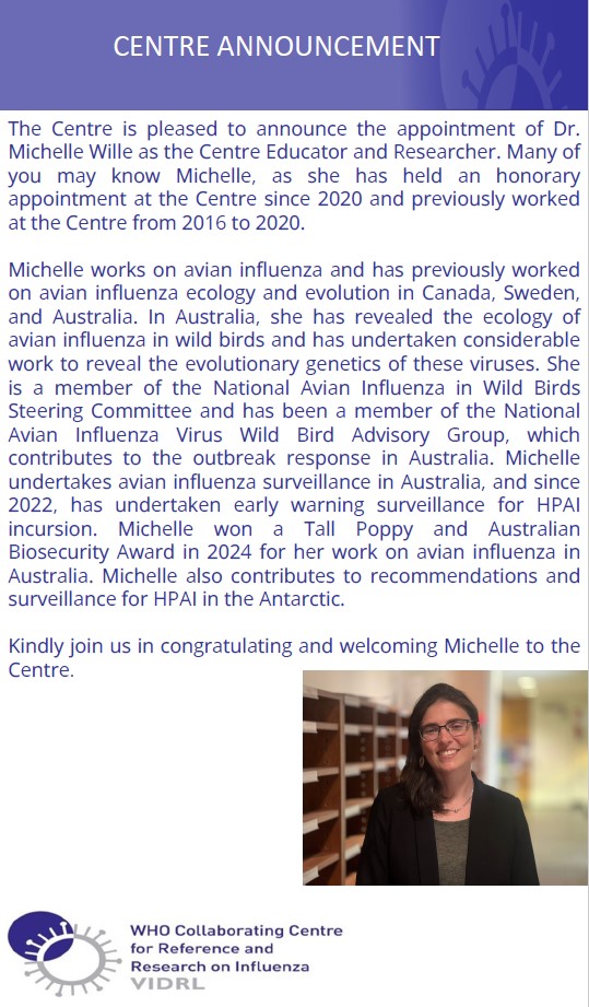 WHO CC Influenza Melbourne (@whoccflumelb) on Twitter photo CENTRE ANNOUNCEMENT
The Centre is pleased to announce the appointment of Dr. Michelle Wille <a href="/DuckSwabber/">Michelle Wille</a> as the Centre Educator and Researcher CENTRE ANNOUNCEMENT
The Centre is pleased to announce the appointment of Dr. Michelle Wille <a href="/DuckSwabber/">Michelle Wille</a> as the Centre Educator and Researcher