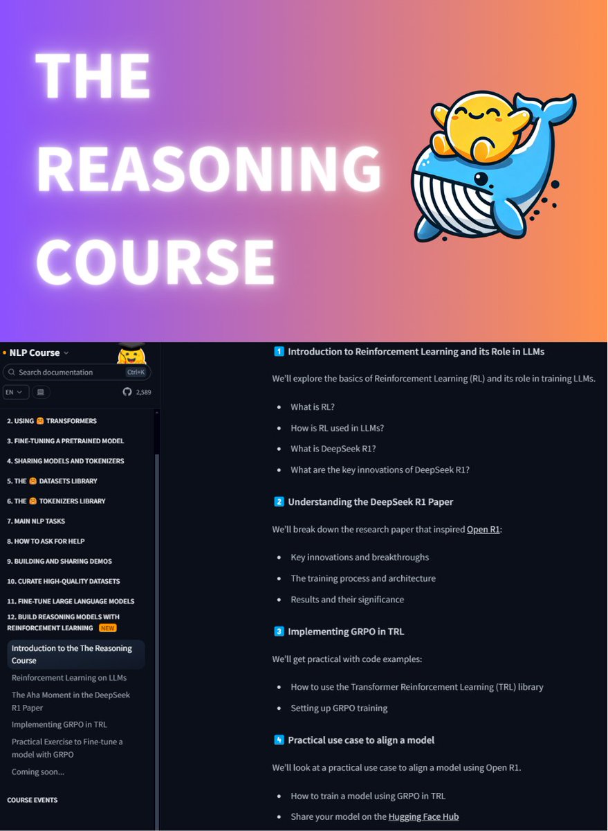 just finished the Reasoning course on one sit (takes ~1 hour), it's a really cool and simple introduction to:
&gt; reasoning in LLMs
&gt; reinforcement learning in LLMs
&gt; the deepseek r1 paper and GRPO
&gt; practical example of grpo fine-tuning
more units will be added to the course too.