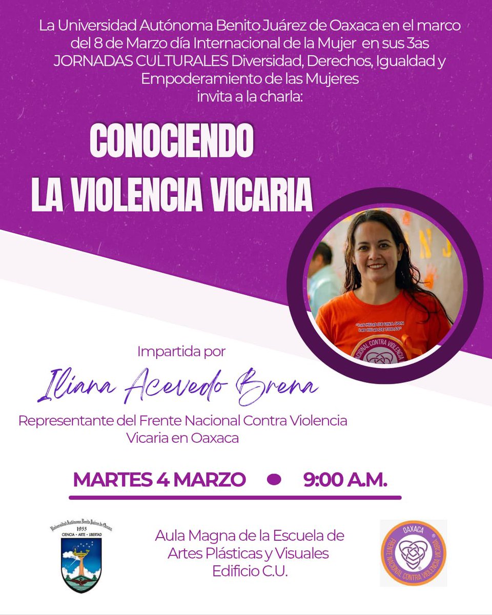 La Universidad Autónoma Benito Juárez de Oaxaca (UABJO) en el marco del 8 de Marzo, extendió la invitación a nuestra representante en Oaxaca <a href="/IlianaBrena/">Iliana</a> a compartir una charla acerca de Violencia Vicaria.