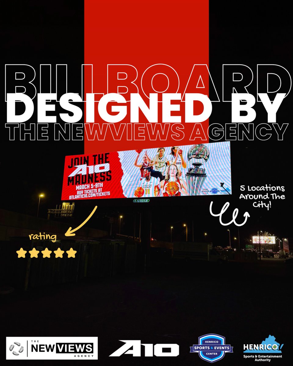 NewviewsAgency's tweet photo. Have you seen our billboard? 👀 Our A10 Women's Championship design for @Henrico_SEA  is now live at 5 RVA locations! 

See our eye-catching digital displays lighting up the night at I-95, I-195, &amp; I-64. 

Designed by The Newviews Agency 🏆

Catch A10 Madness March 5-9th! https://t.co/0L9Tdy1OF3