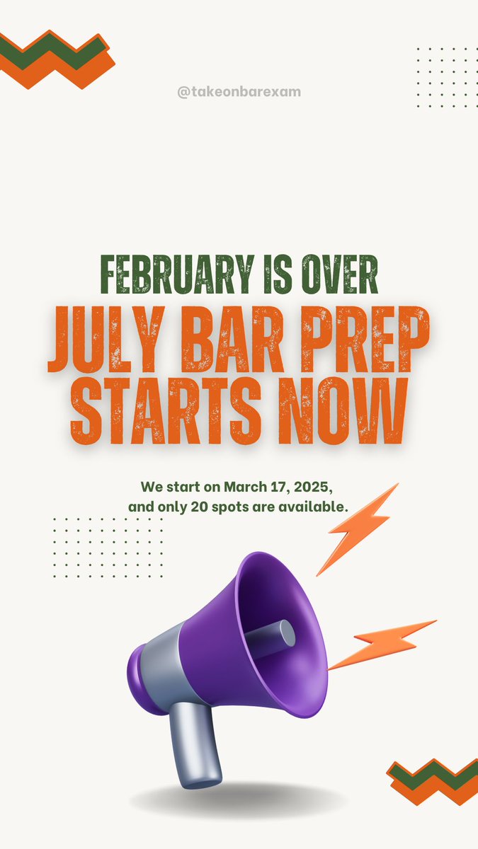 takeonbarexam's tweet image. For those aiming for July 2025, let&apos;s make this your LAST time. My coaching circles, starting March 17th, are designed for repeat takers and international students ready for a smarter approach. Limited spots! Let&apos;s chat – book a call to see if it&apos;s right for you.
#lawtwitter