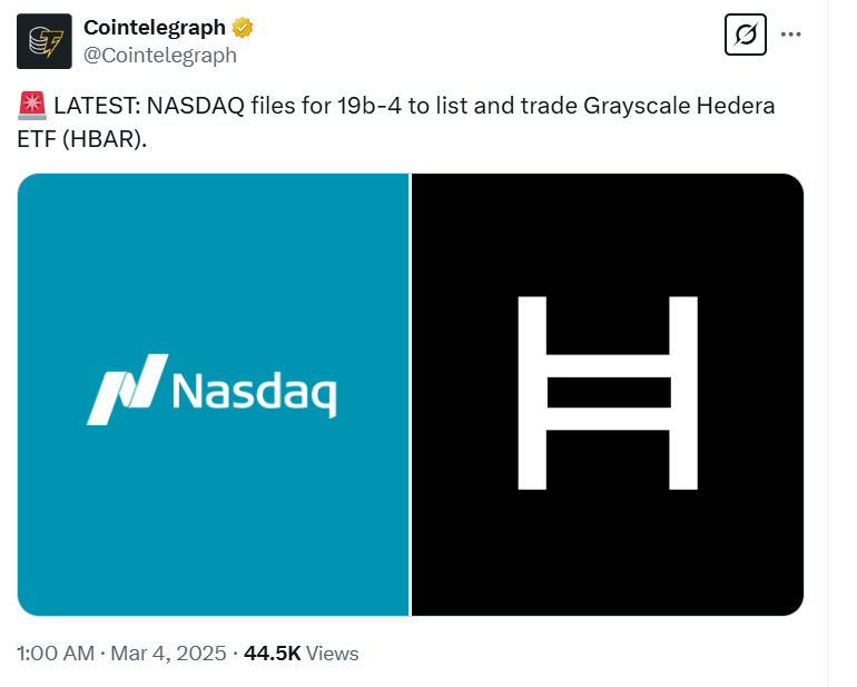 Big move for Hedera! 🚀 NASDAQ has officially filed a 19b-4 to list and trade the Grayscale Hedera (HBAR) ETF. This could be a major step toward broader adoption! 🔥 #HBAR #CryptoETF