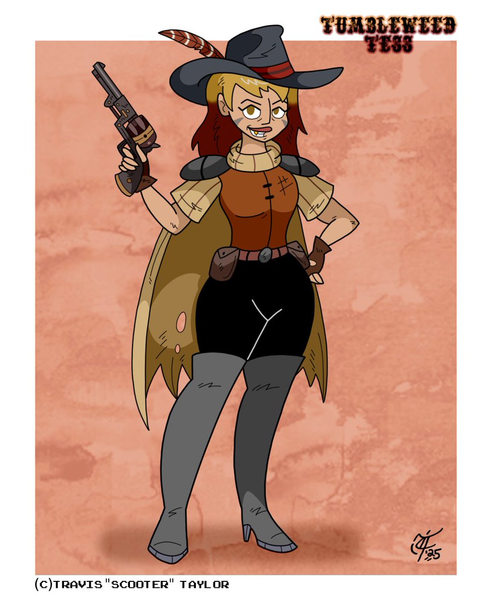ScooterDoodles's tweet photo. A fine and fierce bounty hunter who appears at the end of Chapter 1, currently tracking down the trail of the elusive "Wanderhund" ๐ค ๐ซโ ๏ธ๐พโข๏ธ๐ #FR1T2 #TumbleweedTess #badasslady #bountyhunter #gunslinger #neowestern #characterdesign #ocart https://t.co/3eomUWkQTX