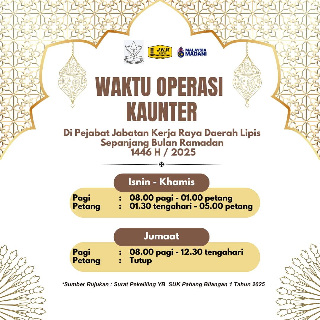 𝐌𝐀𝐊𝐋𝐔𝐌𝐀𝐍 𝐖𝐀𝐊𝐓𝐔 𝐎𝐏𝐄𝐑𝐀𝐒𝐈 𝐊𝐀𝐔𝐍𝐓𝐄R 𝐒𝐄𝐏𝐀𝐍𝐉𝐀𝐍𝐆 𝐑𝐀𝐌𝐀𝐃𝐇𝐀𝐍 𝟏𝟒𝟒𝟔𝐇  

Sebarang urusan, sila rancang lebih awal bagi mengelakkan sebarang kesulitan.
Terima Kasih😊  

<a href="/followers/">はうはう</a>
#IamJKR
#JKRsynergy
#KitaJKR
#JasaKepadaRakyat
#MalaysiaMadani