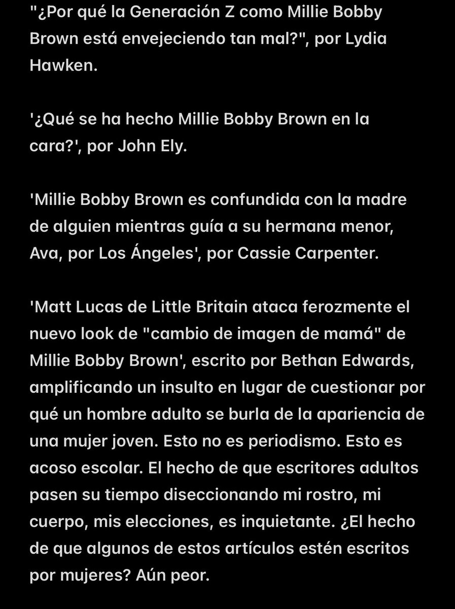 InfoMilliee's tweet photo. 🚨 Millie Bobby Brown responde a las críticas sobre su apariencia en su posteo de Instagram. Los invito a que lo lean y reflexionen acerca de ello. https://t.co/IC2WgyM6sq