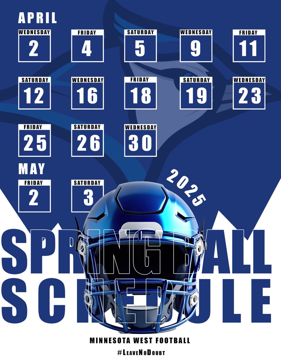 🚨 Attention Minnesota West Football 🚨

Gear up as we get ready for our 2025 spring ball practices.

We are inviting and encouraging all coaches and recruits to visit and check out the #BlueJaysFamily talent and program.

For any questions and or concerns contact our coaches. 🔵