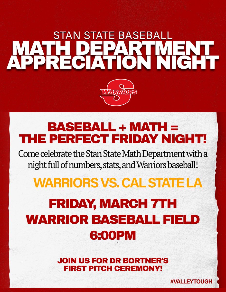 Baseball + Math = The Perfect Friday Night!

Join us as the Warriors take on Cal State Los Angeles starting off their 4-game home series for Math Department Night!

• Friday, March 7th
• Warrior Baseball Field
• 6:00 PM

#ValleyTough