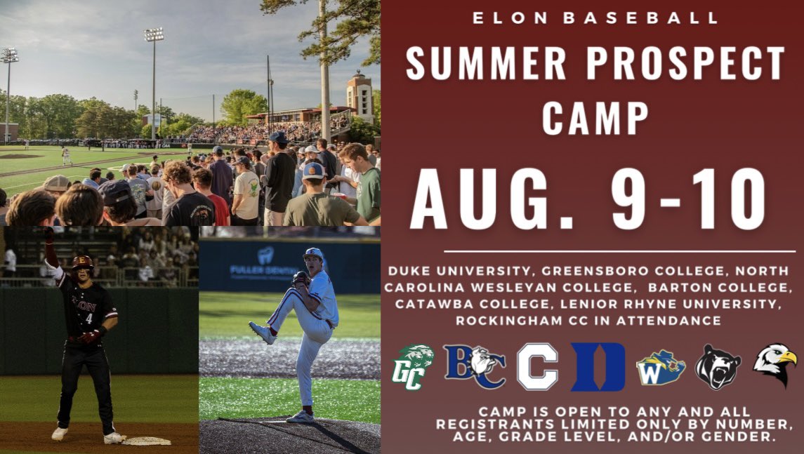 Our summer prospect camp is live! Come get seen by our staff and other top level programs in the area. 

<a href="/DukeBASE/">Duke Baseball</a> 
<a href="/GCPrideBaseball/">Greensboro College Baseball</a> 
<a href="/CatawbaBaseball/">Catawba Baseball</a> 
<a href="/Baseball_LR/">LR BEARS BASEBALL</a>
<a href="/NCWUBaseball/">NC Wesleyan Baseball</a> 
<a href="/RCCEagsBaseball/">Rockingham CC Baseball</a> 
<a href="/BartonBaseball/">Barton College Baseball</a> 

Registration and more info⬇️
elonbaseballcamps.totalcamps.com/shop/EVENT