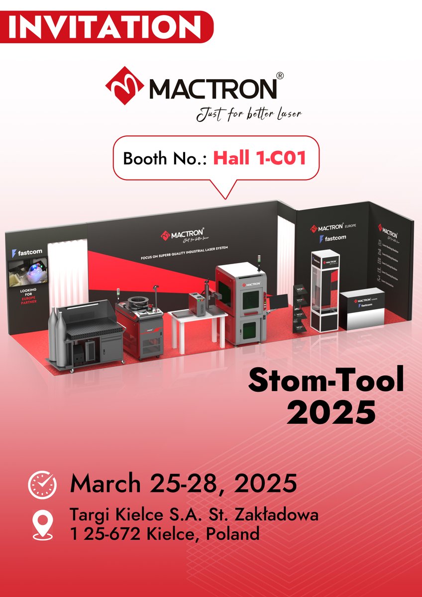 mactron_tech's tweet image. 🚀 Mactron Laser at STOM-TOOL 2025
📅 Mar 25-28 | 📍 Hall 1, Stand C01

🔥 4 Must-See Machines
✅ HEP Laser Welder 
✅ MT-CL Laser Cleaner 
✅ MT-FP Laser Marker 
✅ MT-F-WS Laser Workstation

👉  Contact sales@mactron-tech.com

#MactronLaser #STOMTOOL2025 #LaserTech