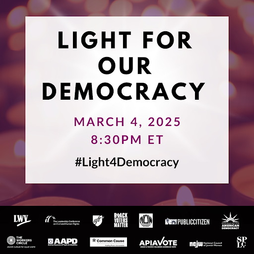 UUSJ's tweet photo. #UUTwitter, Democracy is not just a system of government—it’s the power of the people.

Tomorrow, Let's gather together for a night of reflection, solidarity, and action.
Find a #Light4Democracy event near you: https://t.co/Z29DrVWA7p
March 4th, 2025
8:30pm ET, 7:30pm CT, 6:30pm MT, 5:30pm PST
@LWV @Public_Citizen @workerscircle @Public_Citizen @splcenter