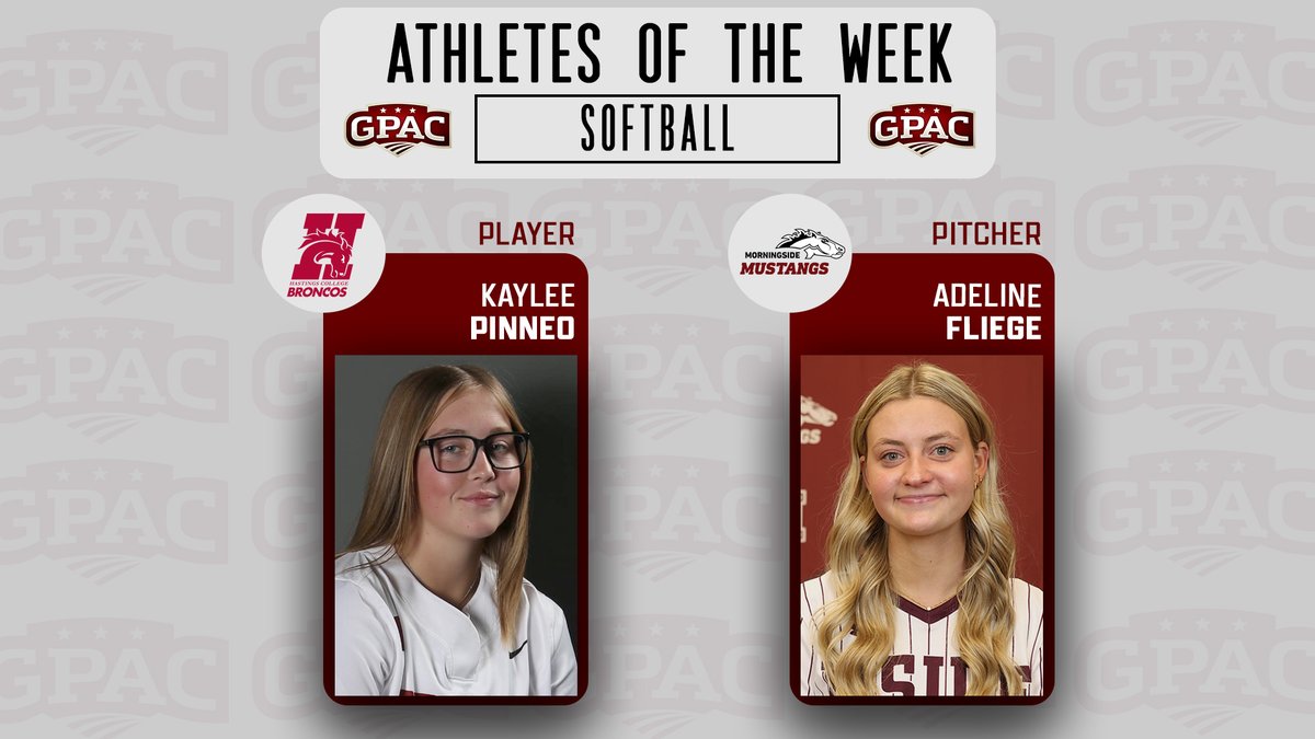 SOFTBALL: Week 4 Honors - (Player) Kaylee Pinneo of <a href="/HastingsBroncos/">Hastings College Athletics</a> and (Pitcher) Adeline Fliege of <a href="/MsideMustangs/">Morningside Mustangs 🐴</a>.

Complete Release:
tinyurl.com/gpacsb4