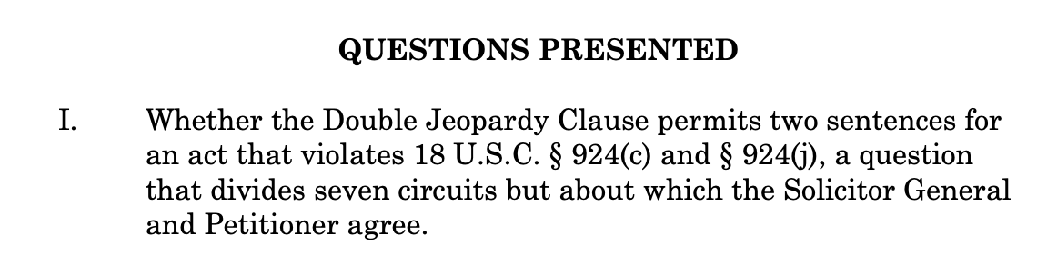 Supreme Court grants cert on a double jeopardy issue.  DOJ and the defendant agree on the legal question, which I gather means that  the Court will appoint an amicus curiae to defend the judgment below. 
supremecourt.gov/docket/docketf…