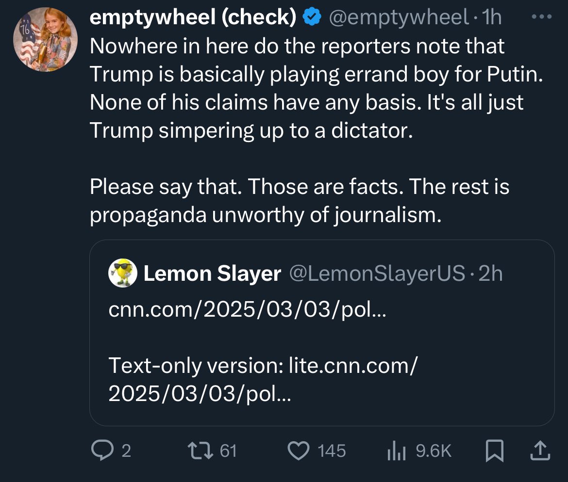 Marcy Wheeler did nothing but make excuses for Merrick Garland for 4 years. 

We wouldn’t need reporters to note that Trump is a Putin stooge if Biden’s DOJ had proven it in a court of law.
