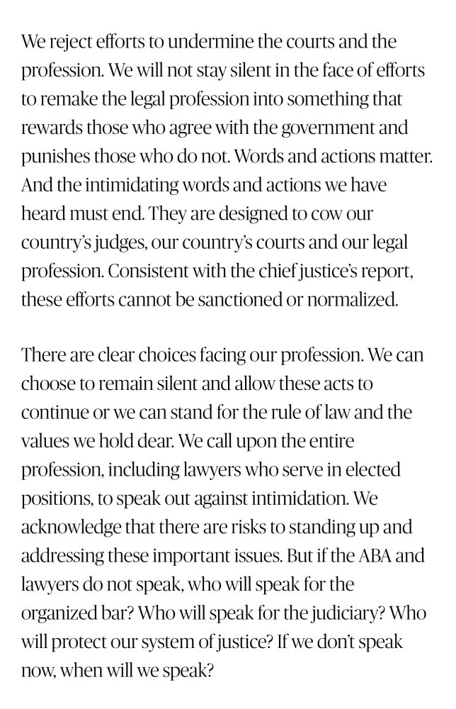 “We reject efforts to undermine the courts and the profession,” the American Bar Association says, in a forceful statement. “Words and actions matter. And the intimidating words and actions we have heard must end.”
