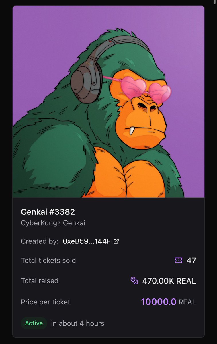 4 Hours Left! Don’t Miss Out! 

🎟️ Genkai Raffle Reminder! 🎟️

Only 4 hours left to get your tickets for Lucky Raffle #169 and a chance to win this <a href="/CyberKongz/">CyberKongz</a> Genkai, rocking headphones &amp; heart-shaped glasses for pure drip 😎🎧

Each ticket is just 10K $REAL, and time is running