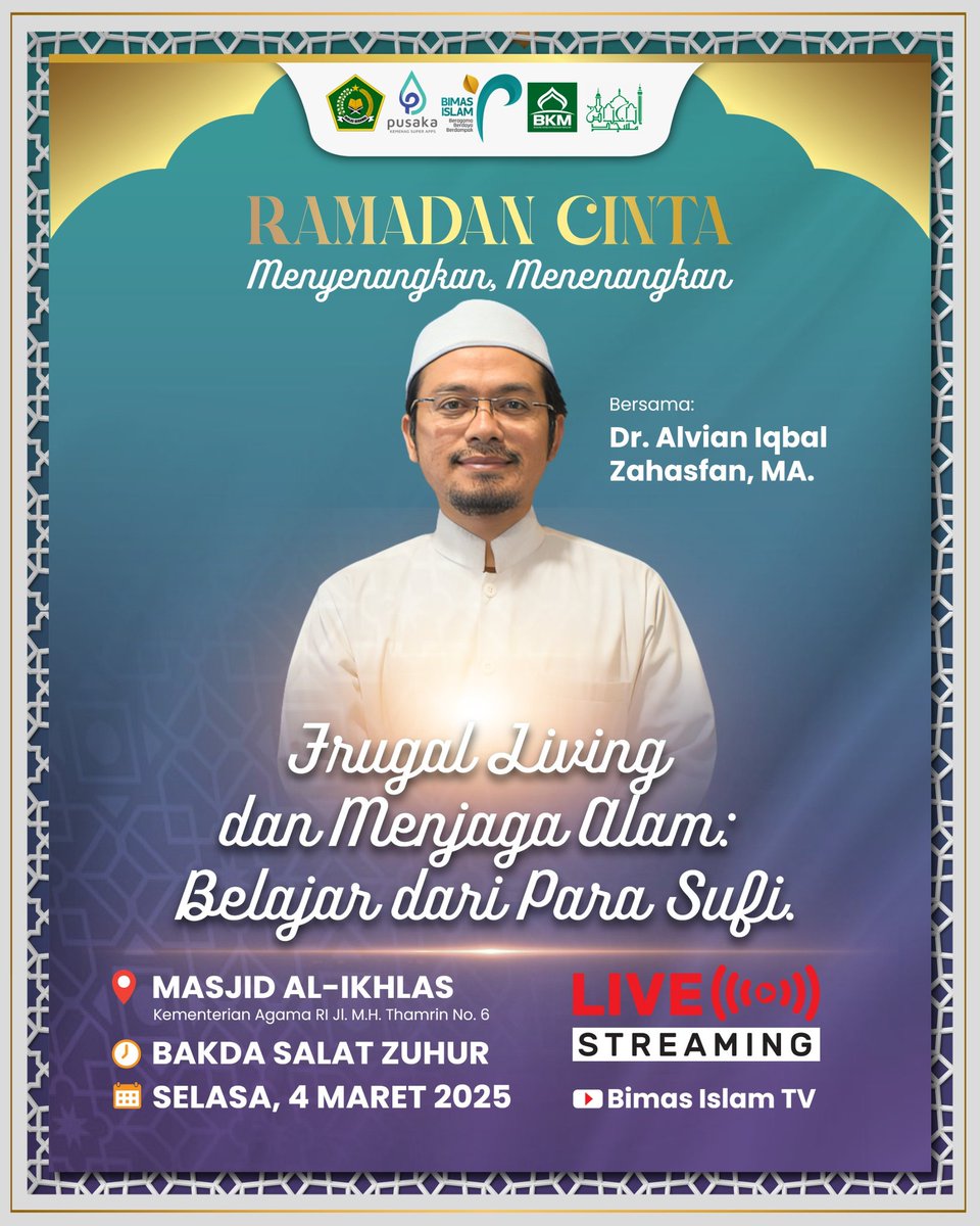 Ramadan Cinta: Menyenangkan, Menenangkan 🌙✨

Yuk, ikuti kajian spesial bertajuk "Frugal Living dan Menjaga Alam Belajar dari Para Sufi" bersama Dr. Alvian Iqbal Zahastan, MA.

#kemenag #bimasislam #sahabatreligi #ramadan #ramadhankarim #ramadhanmenyenangkanmenenangkan