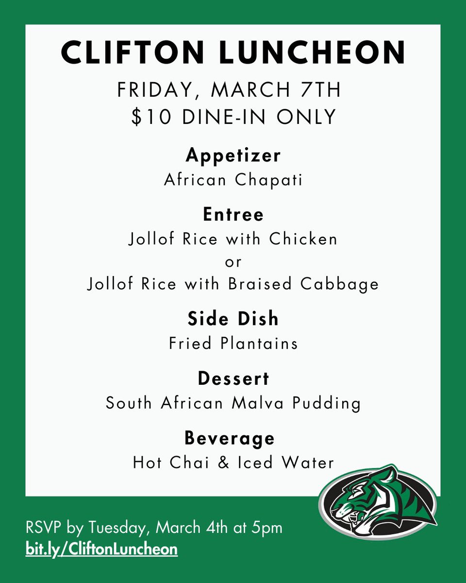CliftonCDS (@cliftoncds) on Twitter photo Who’s ready for this week’s #CliftonLuncheon? Curated by <a href="/LoyalForeverAHS/">Austin High School</a> Senior & 3rd-year #CulinaryArts student, Gaele Elonga, this menu celebrates her love of family & heritage 🌍
RSVP by tomorrow, 3/4 at 5pm
➡️ bit.ly/CliftonLuncheon
<a href="/Secondary_AISD/">AISD Secondary School Leadership</a> <a href="/AISD_CTE/">Austin ISD - Career & Technical Education</a> <a href="/AustinISD/">Austin ISD</a> Who’s ready for this week’s #CliftonLuncheon? Curated by <a href="/LoyalForeverAHS/">Austin High School</a> Senior & 3rd-year #CulinaryArts student, Gaele Elonga, this menu celebrates her love of family & heritage 🌍
RSVP by tomorrow, 3/4 at 5pm
➡️ bit.ly/CliftonLuncheon
<a href="/Secondary_AISD/">AISD Secondary School Leadership</a> <a href="/AISD_CTE/">Austin ISD - Career & Technical Education</a> <a href="/AustinISD/">Austin ISD</a>