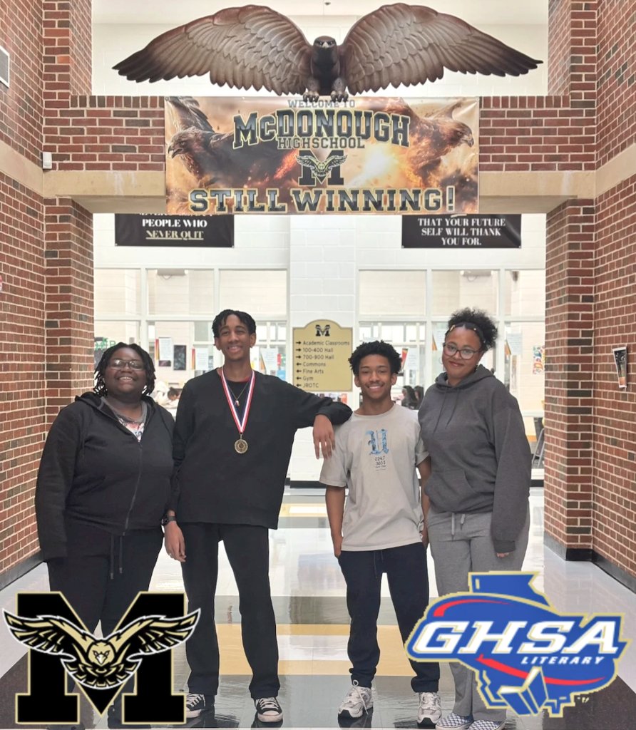 🎉McDonough Literary team is headed back to the GHSA Literary State Championship!

We will be represented by our back-to-back Region 2-AAAA 1st Place Quartet:

🎤Atiya Williams
🎤Jayda Johnson
🎤Cristian Vaughter
🎤Jamal Crandall

@WarhawkSingers

#StillWinning
#WarhawkPRIDE🦅