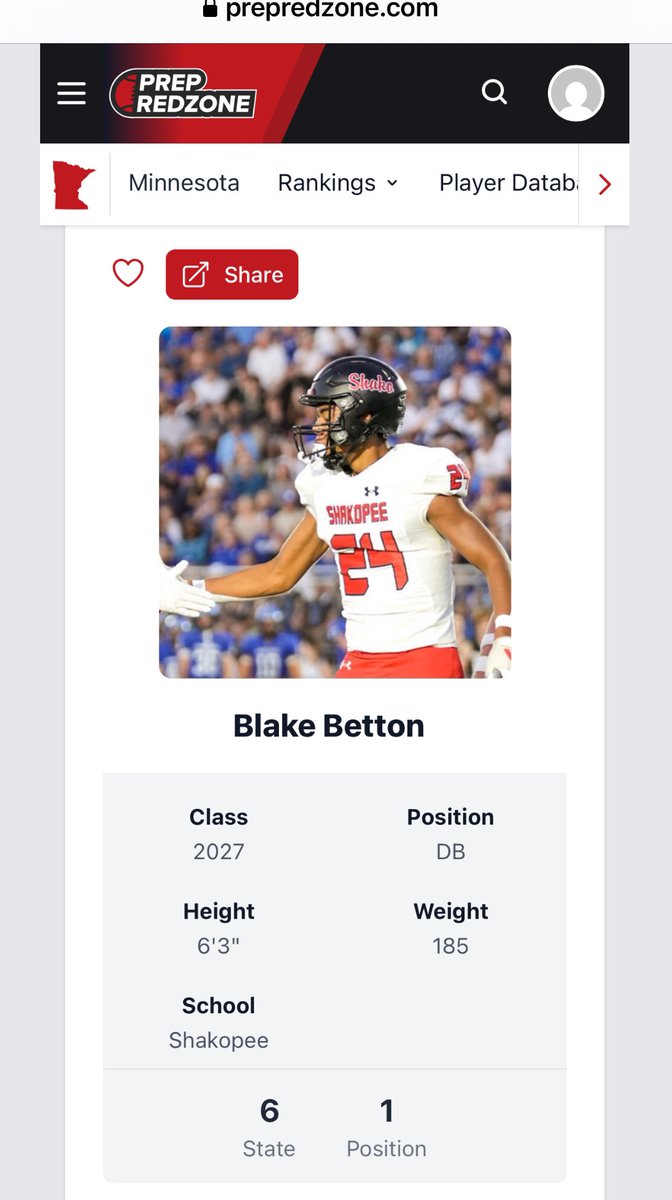 Blake Betton (@bettonblake) on Twitter photo #1 DB in MN | #6 overall in MN
Thanks for the update <a href="/PrepRedzoneMN/">Prep Redzone Minnesota</a> and <a href="/OJW_Scouting/">PrepRedzone Oliver</a>
<a href="/SaberFootball16/">Shakopee Football</a>
<a href="/CoachBetton44/">Ray Betton</a>
<a href="/NWahlScouting/">Nate Wahl</a> #1 DB in MN | #6 overall in MN
Thanks for the update <a href="/PrepRedzoneMN/">Prep Redzone Minnesota</a> and <a href="/OJW_Scouting/">PrepRedzone Oliver</a>
<a href="/SaberFootball16/">Shakopee Football</a>
<a href="/CoachBetton44/">Ray Betton</a>
<a href="/NWahlScouting/">Nate Wahl</a>