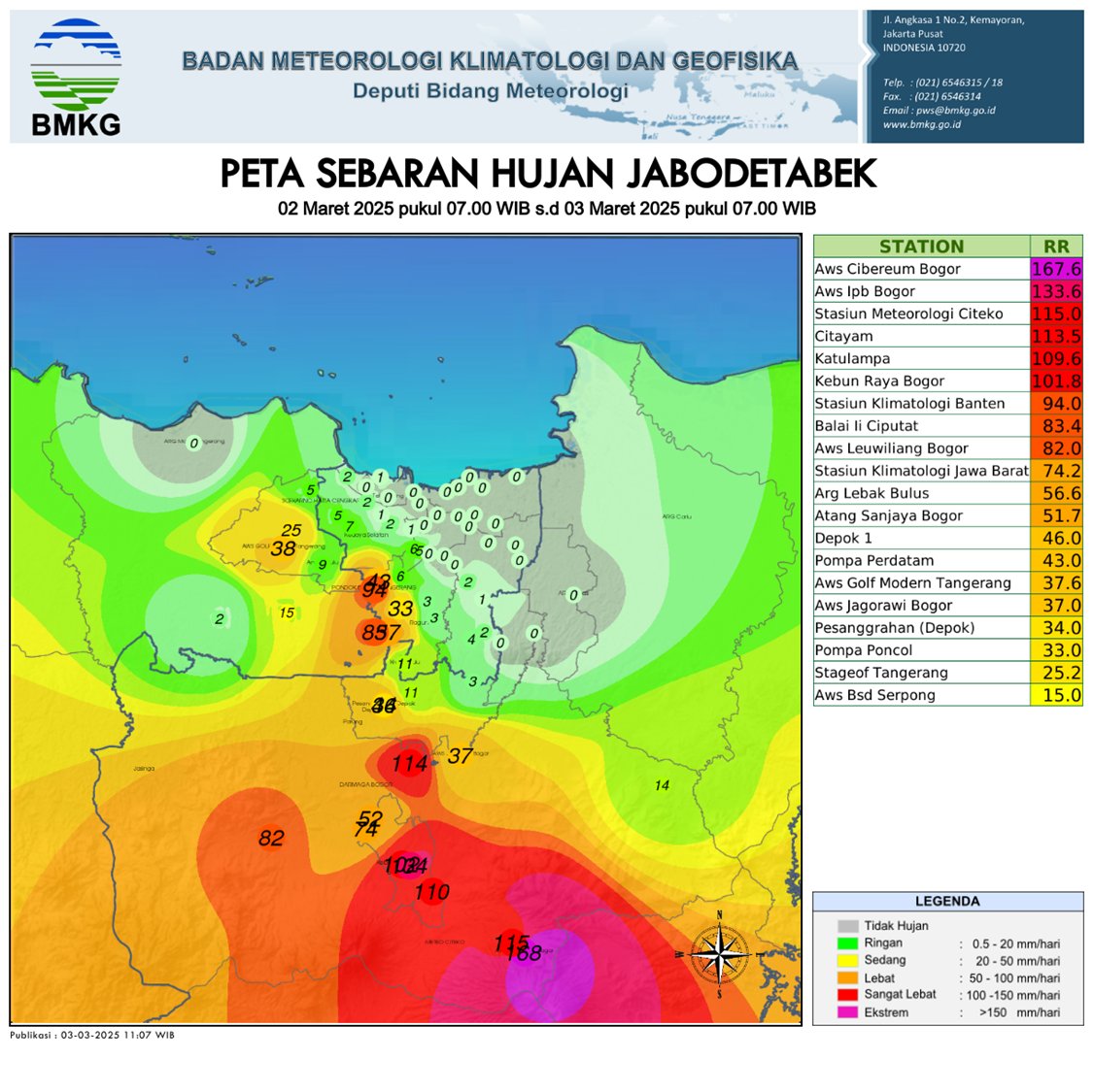 Peta isohyet hujan menunjukkan hujan terjadi merata di wilayah hulu, hujan ekstrem tercatat di:
Katulampa: 225 mm (03/03)
Cibeureum: 168 mm  (02/03)

Debit sungai atau tingkat keparahan diprakirakan dapat melebihi kejadian banjir 2020.