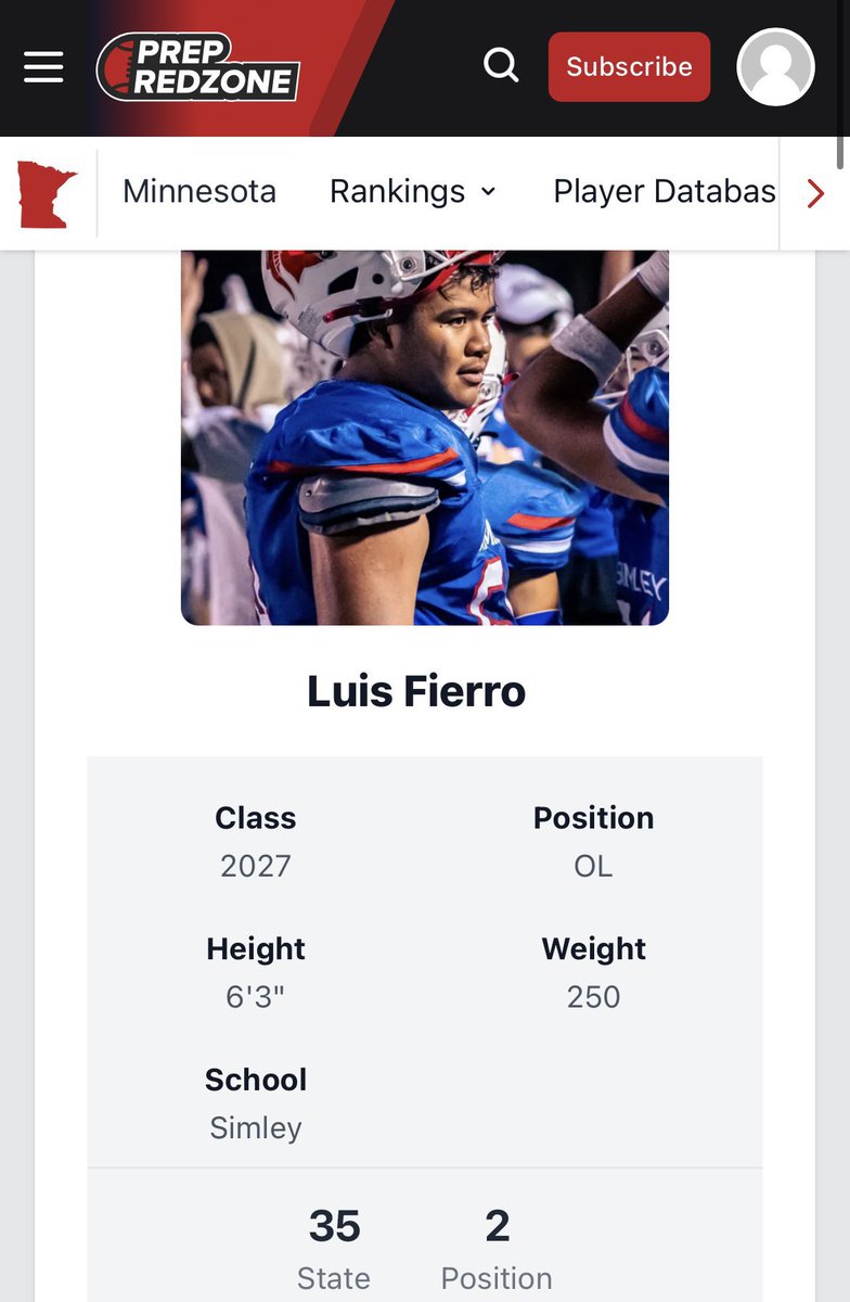 luis fierro gutierrez (@luisontop423) on Twitter photo #2 OL in MN #35 overall in minnesota thanks for the ranking <a href="/OJW_Scouting/">PrepRedzone Oliver</a> <a href="/PrepRedzoneMN/">Prep Redzone Minnesota</a>
<a href="/Simley_Football/">Simley_Football</a>
<a href="/CoachLozano__/">Chino Lozano</a>
<a href="/NWahlScouting/">Nate Wahl</a> #2 OL in MN #35 overall in minnesota thanks for the ranking <a href="/OJW_Scouting/">PrepRedzone Oliver</a> <a href="/PrepRedzoneMN/">Prep Redzone Minnesota</a>
<a href="/Simley_Football/">Simley_Football</a>
<a href="/CoachLozano__/">Chino Lozano</a>
<a href="/NWahlScouting/">Nate Wahl</a>
