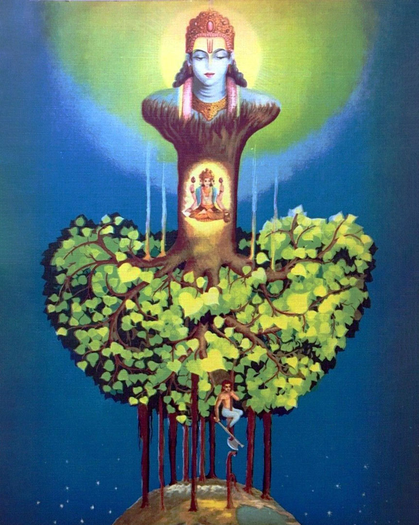 2504JKD's tweet image. गीता के पन्द्रहवें अध्याय "पुरुषोत्तमयोग" के ठीक आरम्भ में एक बड़ा ही विचित्र और रहस्यपूर्ण कथन आता है :
"ऊर्ध्वमूलमधःशाखमश्वत्थं"
(जिसकी जड़ें ऊपर हों और शाखाएँ नीचे- वैसा एक अश्वत्थ यानी पीपल का पेड़!)
क्या अर्थ हो सकता है इस बेबूझ कथन का?
🧵