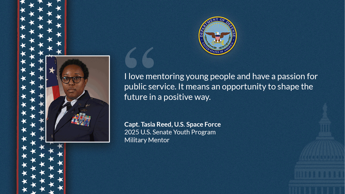 DoD_Outreach's tweet photo. Meet @SpaceForceDoD Capt. Tasia Reed.
Capt. Reed joins the 2025 #USSYP joint force military mentor cohort excited and honored to meet the talented 2025 @SenateYouth student delegates and help them reach their full potential. https://t.co/OiPjugqDaM