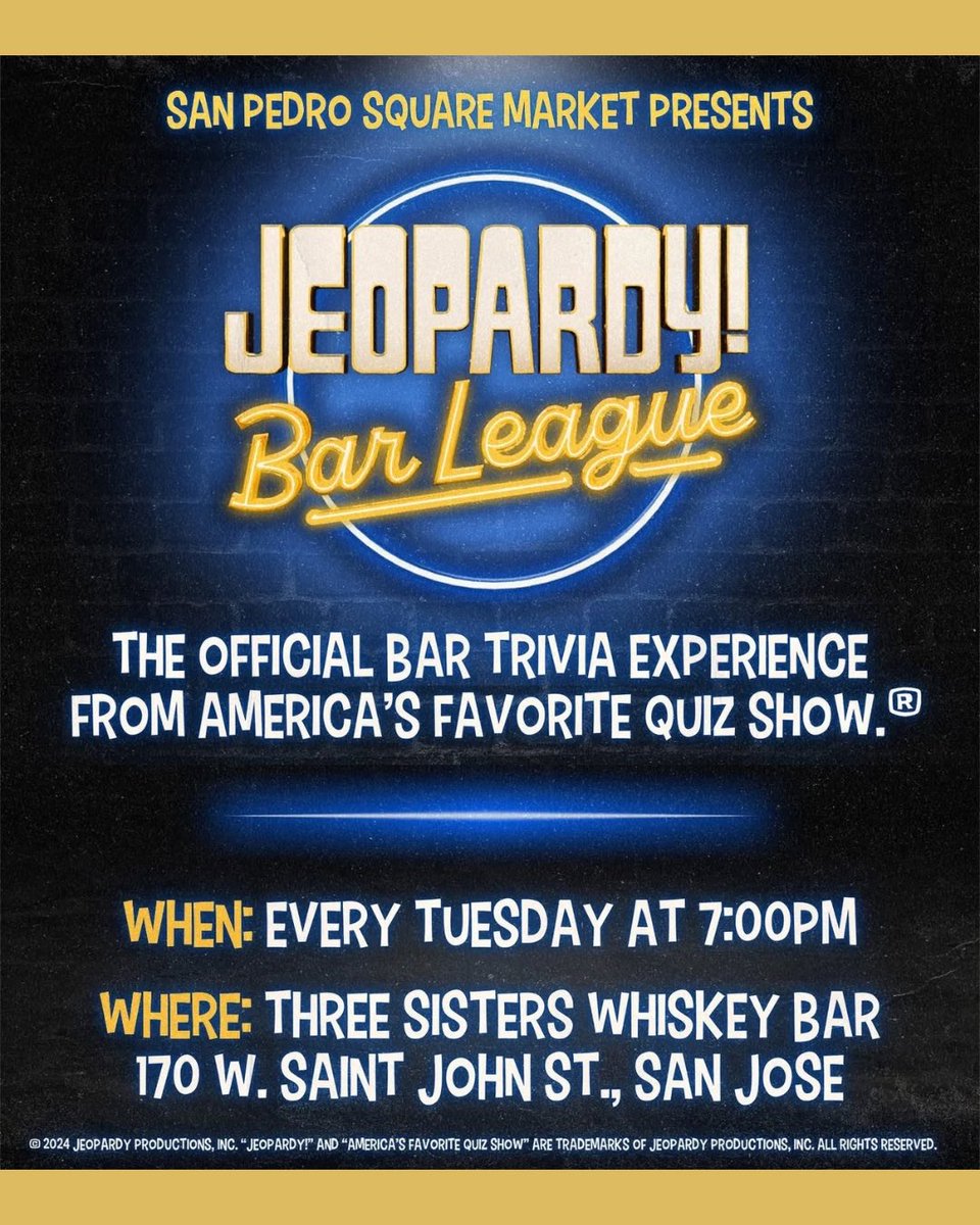 San Pedro Square Market presents Jeopardy! Bar League 👉 The official bar trivia experience from America’s quiz show 🤩 Happening every Tuesday at Three Sisters Whiskey Bar.

Bring your smartest friends, test your knowledge &amp; compete for prizes (and bragging rights).