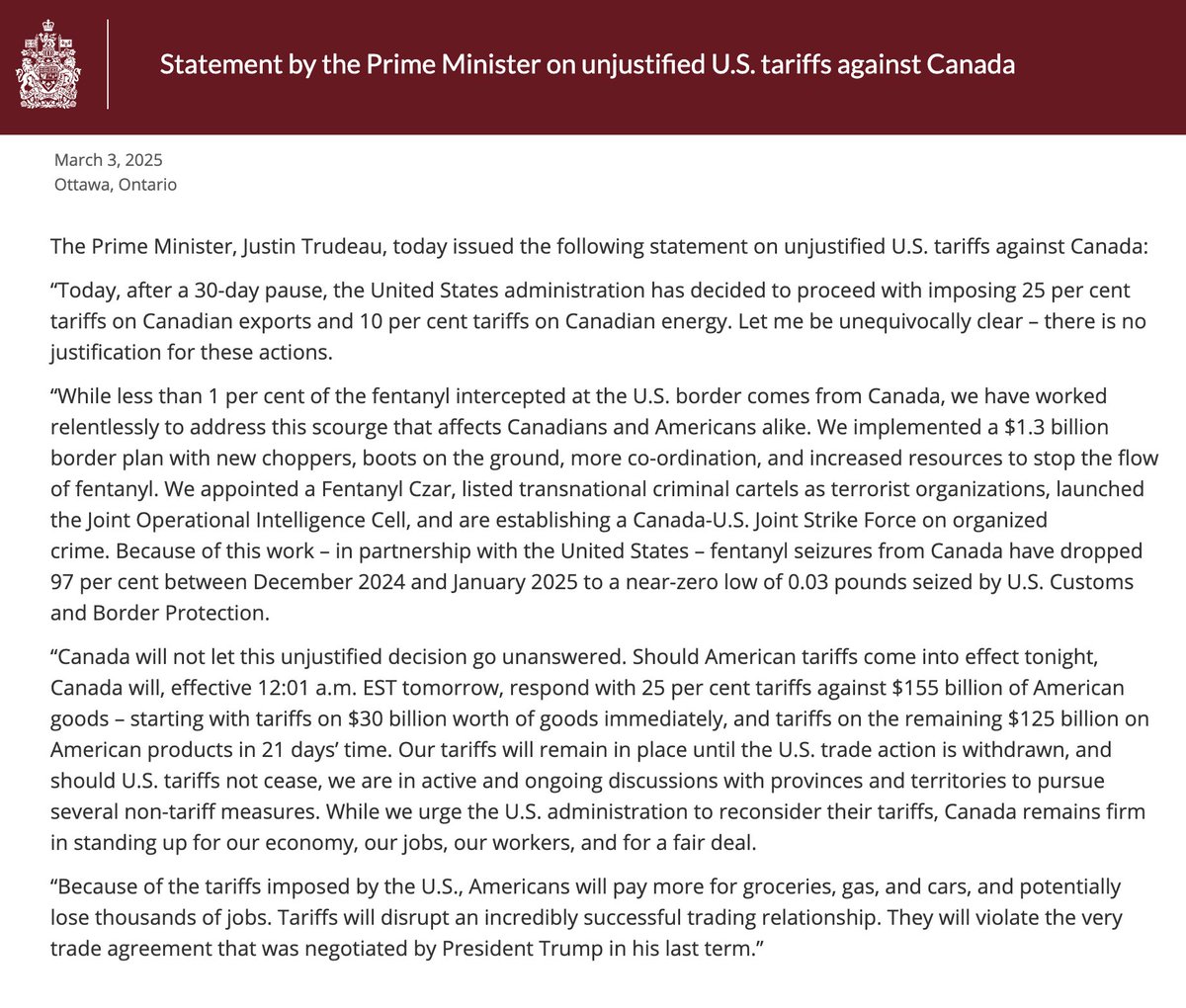 MeidasTouch's tweet image. Canadian Prime Minister Justin Trudeau condemns Trump&apos;s &apos;unjustified&apos; 25% tariffs and says retaliatory tariffs on $155 billion of American goods will take effect at 12:01 AM EST if the U.S. moves forward tonight.