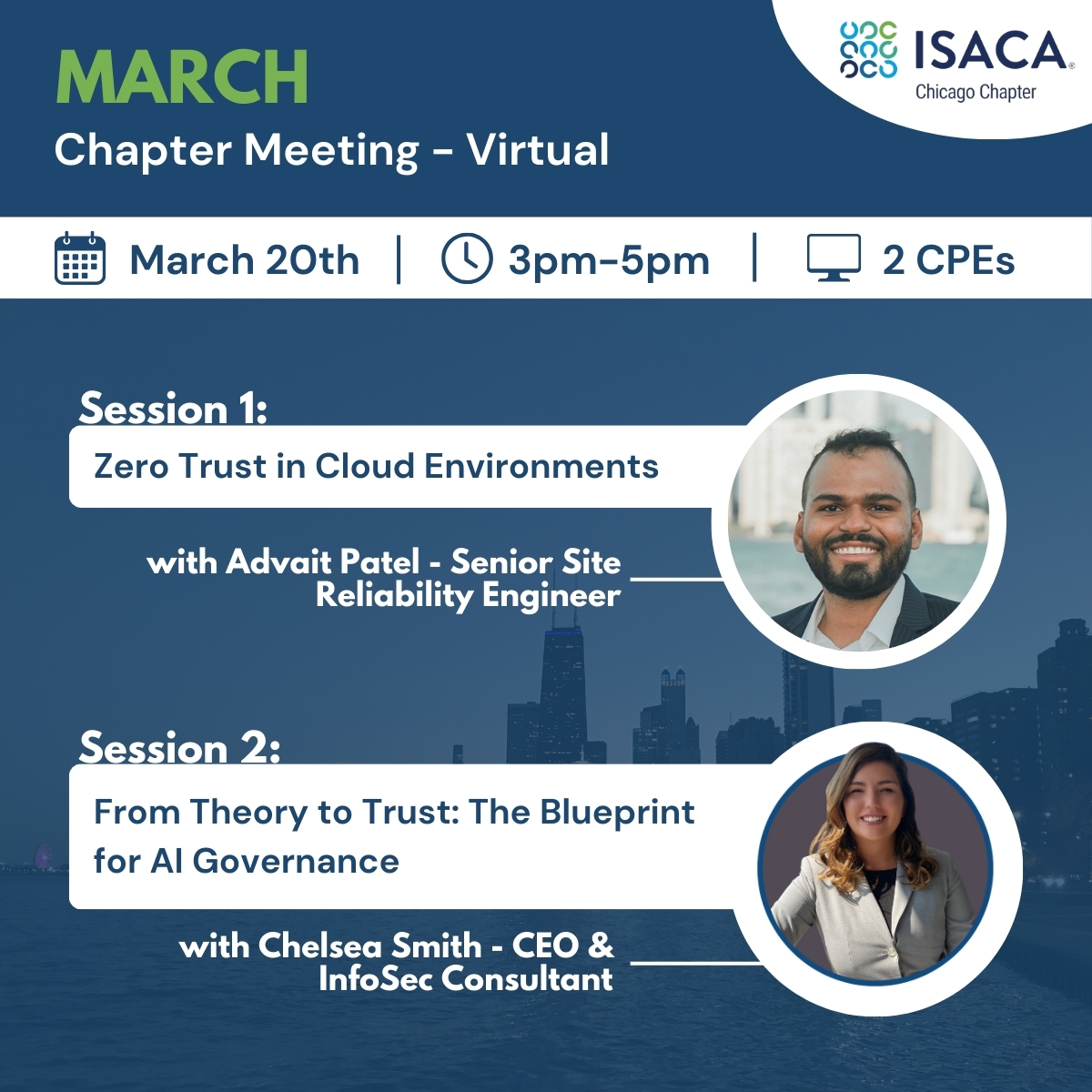 🚨 Join us for our March 2025 Online Chapter Meeting

📅 March 20th, 2025 from 3pm-5pm CT
💻 Online, up to 2 CPE

🔗 Free registration: lnkd.in/gWKQT2FE

#ISACA #ProfessionalDevelopment #ZeroTrust #CloudSecurity #AI #AIGovernance #FutureofWork #FutureofAI
