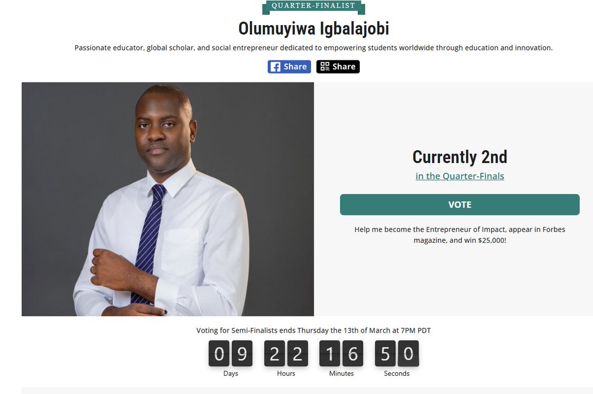 Olumuyiwa Igbalajobi, Ph.D (@olumuyiwaayo) on Twitter photo We go again today:
Help me advance to the Semifinals—Group winners will be determined on Thursday, March 13, and only the #1 entrepreneur from each group will move forward! Please support me by voting daily via
entrepreneurofimpact.org/2025/olumuyiwa…
<a href="/Olufemiloye/">Olú</a> <a href="/adejimiadeniji/">Adeniji Adejimi, Ph.D</a> <a href="/SamdGreat01/">Samuel Ajayi 🇳🇬🗣️🌐</a> We go again today:
Help me advance to the Semifinals—Group winners will be determined on Thursday, March 13, and only the #1 entrepreneur from each group will move forward! Please support me by voting daily via
entrepreneurofimpact.org/2025/olumuyiwa…
<a href="/Olufemiloye/">Olú</a> <a href="/adejimiadeniji/">Adeniji Adejimi, Ph.D</a> <a href="/SamdGreat01/">Samuel Ajayi 🇳🇬🗣️🌐</a>