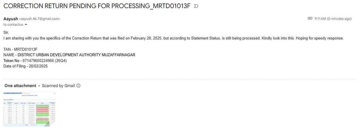 aayush467's tweet photo. @IncomeTaxIndia
TDS Returns' processing taking unsually longer time. Already mailed to contactus@tdscpc.gov.in. Kindly look into this. https://t.co/81UQvG0n9P