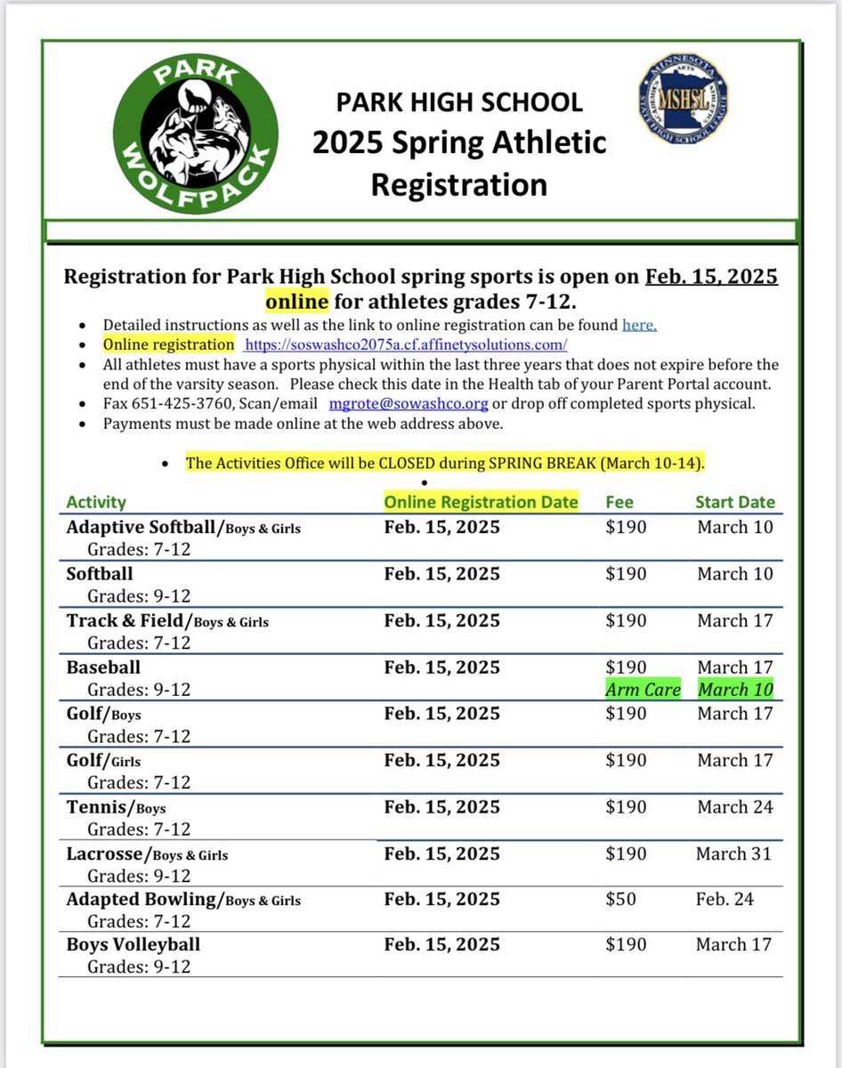 Wolfpack Activities (@parkwolfpack) on Twitter photo .<a href="/Park_Softball_/">Park Softball</a> tryouts begin one week from today! <a href="/Parktracknfield/">PHS Track and Field</a> will start practices after spring break, as will <a href="/Parkbaseball/">Park Baseball</a> , @parkgirlsgolf and <a href="/ParkHighGolf/">Park Boys Golf</a> . Make sure you are registered so you can participate on day 1. phs.sowashco.org/activities .<a href="/Park_Softball_/">Park Softball</a> tryouts begin one week from today! <a href="/Parktracknfield/">PHS Track and Field</a> will start practices after spring break, as will <a href="/Parkbaseball/">Park Baseball</a> , @parkgirlsgolf and <a href="/ParkHighGolf/">Park Boys Golf</a> . Make sure you are registered so you can participate on day 1. phs.sowashco.org/activities