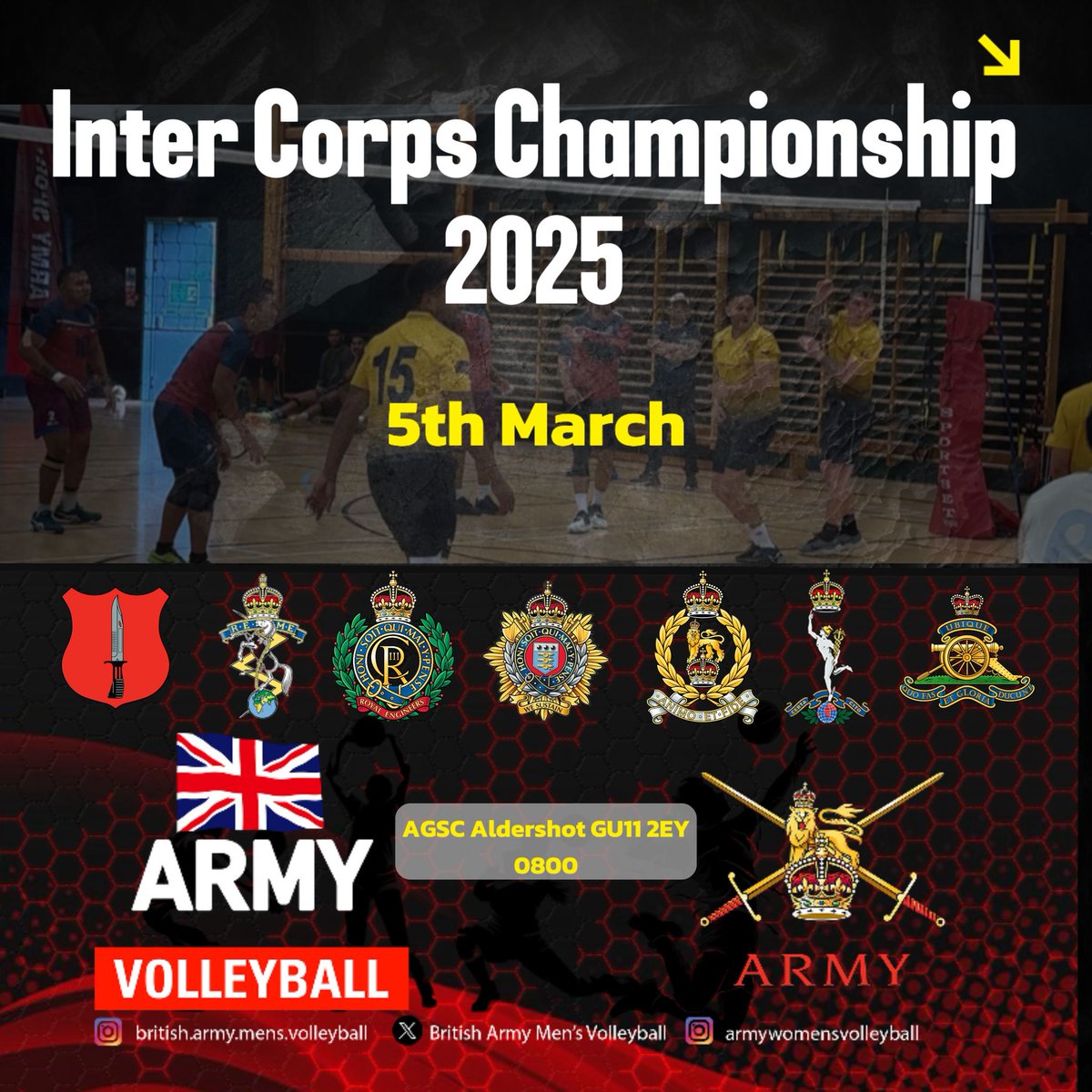 British Army Men's Volleyball (@britisharmymen1) on Twitter photo The Army Volleyball Inter Corps Championship 2025 is happening all day on 5 Mar at The AGSC. Join us to cheer on your Corps as teams from across the Corps compete for glory. <a href="/ArmySportASCB/">Army Sport</a> The Army Volleyball Inter Corps Championship 2025 is happening all day on 5 Mar at The AGSC. Join us to cheer on your Corps as teams from across the Corps compete for glory. <a href="/ArmySportASCB/">Army Sport</a>