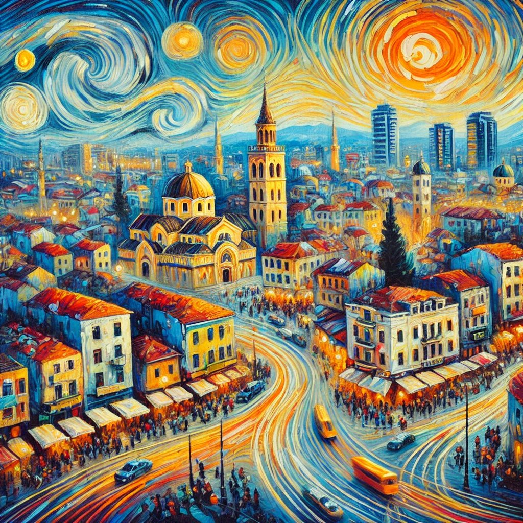 #VanGogh- #ai style #painting of #Tirana, #Albania, featuring its vibrant #cityscape and iconic landmarks.