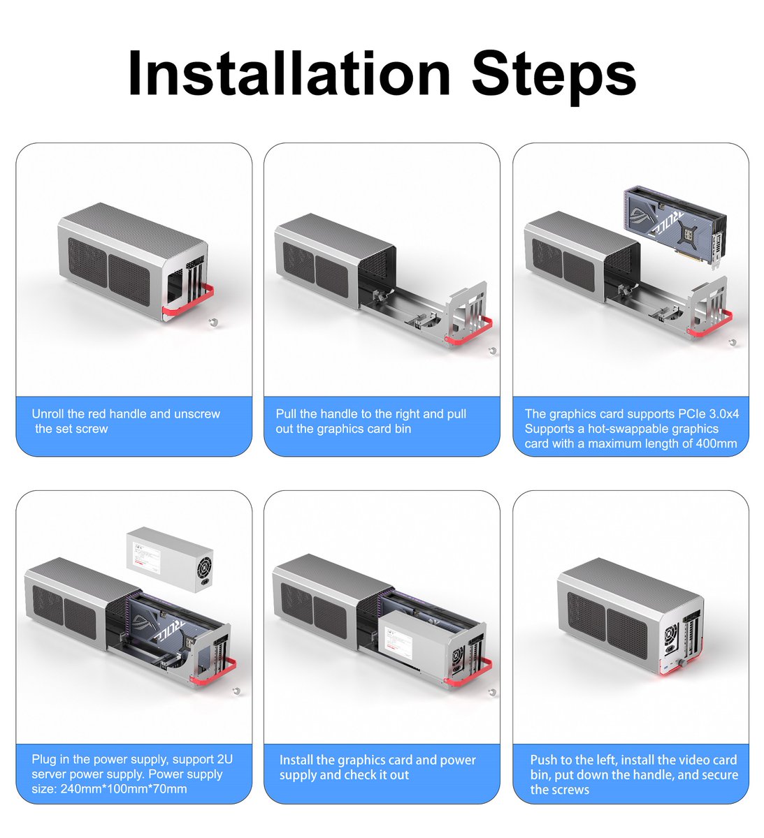 【Graphics card docking station】, plug and play, support multi-device sharing. With this graphics docking station, you will get 1*external graphics card, 1*USB C Thunderbolt3/4/USB4 (support 40Gbps data transfer), 1*USB 3.2 (10Gbps)