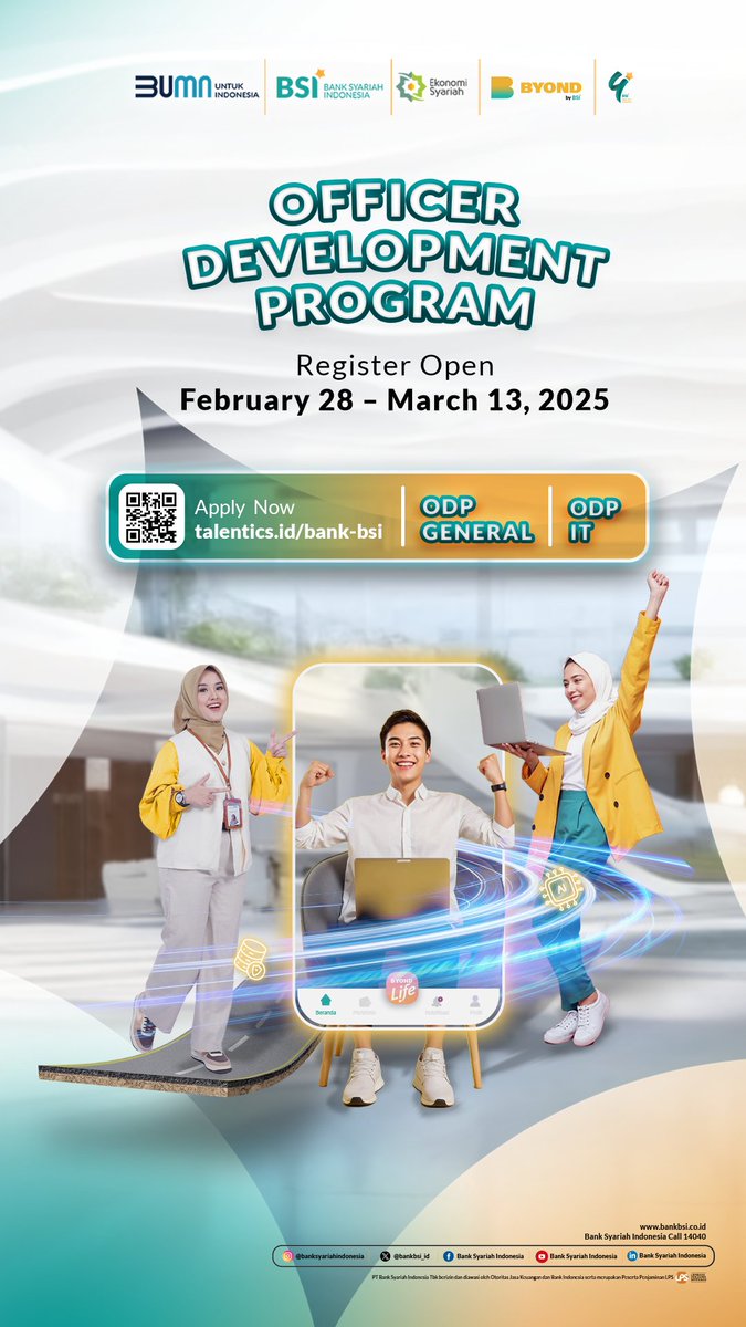 It’s time to grow and build your career in Islamic banking! Bank Syariah Indonesia is opening registration for the Officer Development Program (ODP) 2025.

Registration:
February 28 – March 13, 2025

Apply now: talentics.id/bank-bsi

Categories: General &amp; IT Requirements
