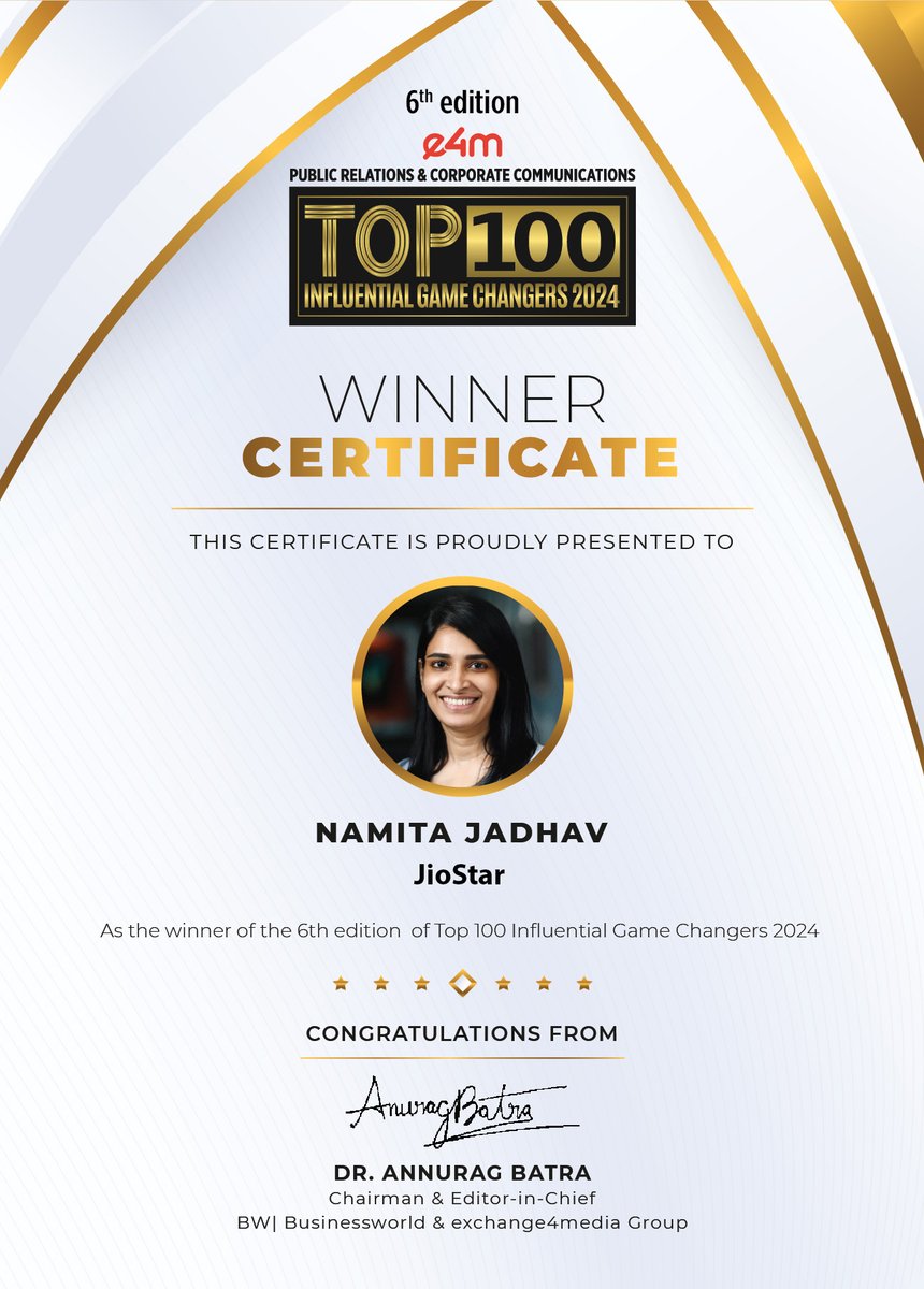 e4mevents's tweet image. Our heartiest congratulations to Namita Jadhav from  @RJioStar  for being featured in the 6th edition of e4m PR and Corp Comm Top 100 Influential Game Changers list 2024 !

@anuragbatrayo | @nawalahuja | @karanbhatias

#e4mprtop100influentialgamechangers #e4mevents #PRCorpComm