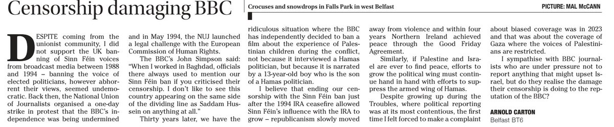 ArnoldCarton's tweet image. In the past the #bbcnews would have stood up to any government attempting to #censor its output. 
 My letter in today&apos;s @irish_news