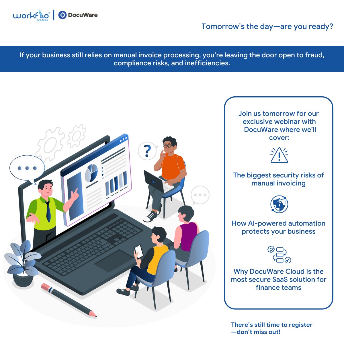 Workflo_sol's tweet image. Webinar TOMORROW! 

Manual invoicing is risky, costly, and inefficient—but automation is the solution. Join us tomorrow for our exclusive webinar with DocuWare, where we’ll show you how to protect and streamline your financial workflows.

🔗 attendee.gotowebinar.com/register/37788…