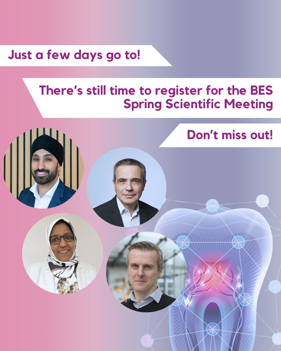 Have you registered yet? There are just a few days to go until our Spring Scientific Meeting – but you still have time to register and secure your place!

Register here: britishendodonticsociety.org.uk/events/27/spri… 

#BES #SpringScientificMeeting #Speakers #Register #Book #Dentistry #Event