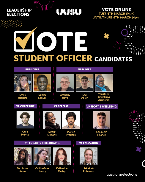 DocSocBelfast's tweet photo. Don't forget to cast your vote for the Student Officers!

➡️➡️➡️https://t.co/W1ti6xCI6r

Voting opens from Tuesday 4th March (9am) until Thursday 6th March (4pm).

@UUSU_Online @UUSU_Reps https://t.co/VMgDfaWAUO