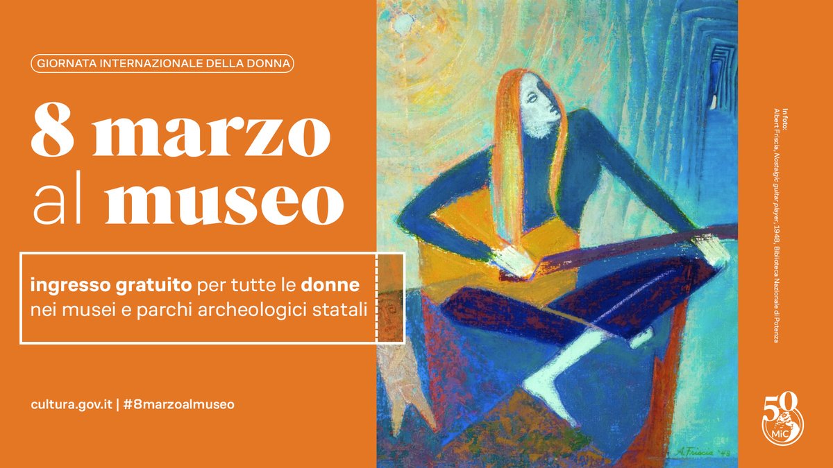 𝑺𝒂𝒃𝒂𝒕𝒐 8 𝒎𝒂𝒓𝒛𝒐, in occasione della  𝑮𝒊𝒐𝒓𝒏𝒂𝒕𝒂 𝒊𝒏𝒕𝒆𝒓𝒏𝒂𝒛𝒊𝒐𝒏𝒂𝒍𝒆 𝒅𝒆𝒍𝒍𝒂 𝒅𝒐𝒏𝒏𝒂,  l’𝒊𝒏𝒈𝒓𝒆𝒔𝒔𝒐 𝒆̀ 𝒈𝒓𝒂𝒕𝒖𝒊𝒕𝒐 𝒑𝒆𝒓 𝒍𝒆 𝒅𝒐𝒏𝒏𝒆 in tutti i musei e luoghi della cultura statali. Info su cultura.gov.it/evento/8-marzo…