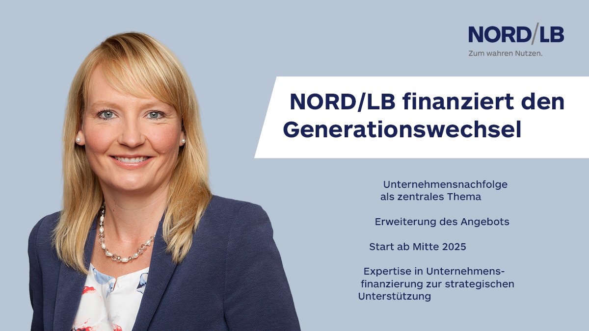 Unternehmensnachfolge ist ein zentrales Thema: Bis 2027 benötigen jährlich ca. 125.000 Unternehmer:innen eine:n Nachfolger:in (KfW). Ab Mitte 2025 bietet NORD/LB Nachfolgeberatung für große Mittelständler an. Mehr dazu im Beitrag von Nina Siegfried: nordlb.de/unsere-kunden-…