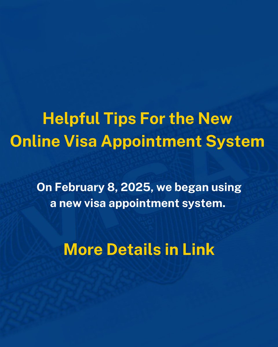 Helpful Tips for the New Online Visa Appointment System. On February 8, 2025, we began using a new visa appointment system. For more details visit: facebook.com/share/p/18ocUB…