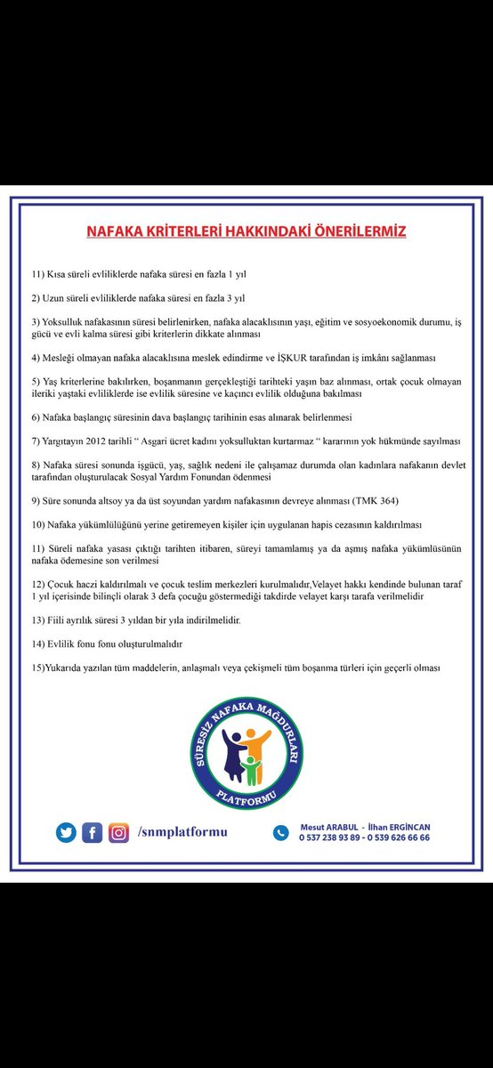 📌 Süresiz Nafaka
📌 Boşanamamak
📌 Ortak Velayet
📌 Mal Rejimi 
Konularında düzenlenmesi düşünülen yasal düzenleme hususunda platform olarak taleplerimiz görseldedir.
<a href="/RTErdogan/">Recep Tayyip Erdoğan</a> <a href="/tcbestepe/">T.C. Cumhurbaşkanlığı</a>
<a href="/eczozgurozel/">Özgür Özel</a> <a href="/dbdevletbahceli/">Devlet Bahçeli</a> <a href="/erbakanfatih/">Dr. Fatih Erbakan</a> <a href="/zyapicioglu/">Zekeriya Yapıcıoğlu</a> <a href="/NumanKurtulmus/">Numan Kurtulmuş</a> <a href="/MahinurOzdemir/">Mahinur Özdemir Göktaş</a>